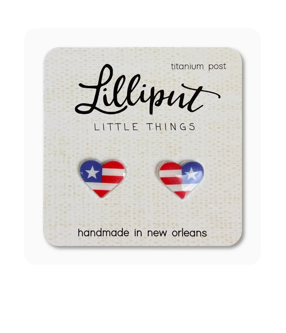 Lilliput heart flag stud earrings with blue red stars and stripes, titanium posts