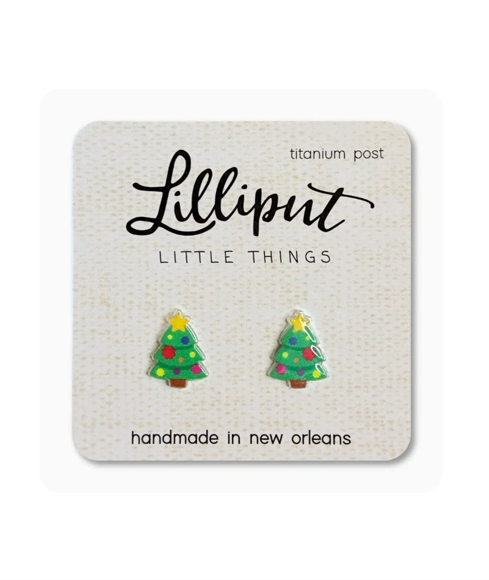 Lilliput Christmas tree stud earrings with green and red enamel, gold star tops