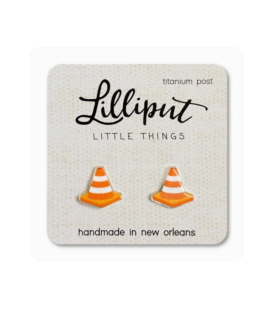 Lilliput hazard cone earrings with orange-and-white striped cone studs