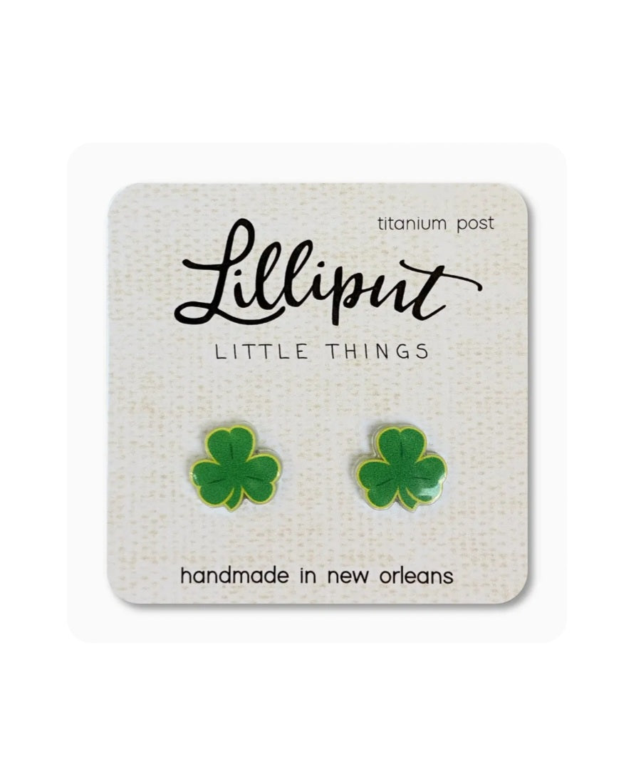 Shamrock stud earrings with small green four-leaf clover shapes, titanium posts