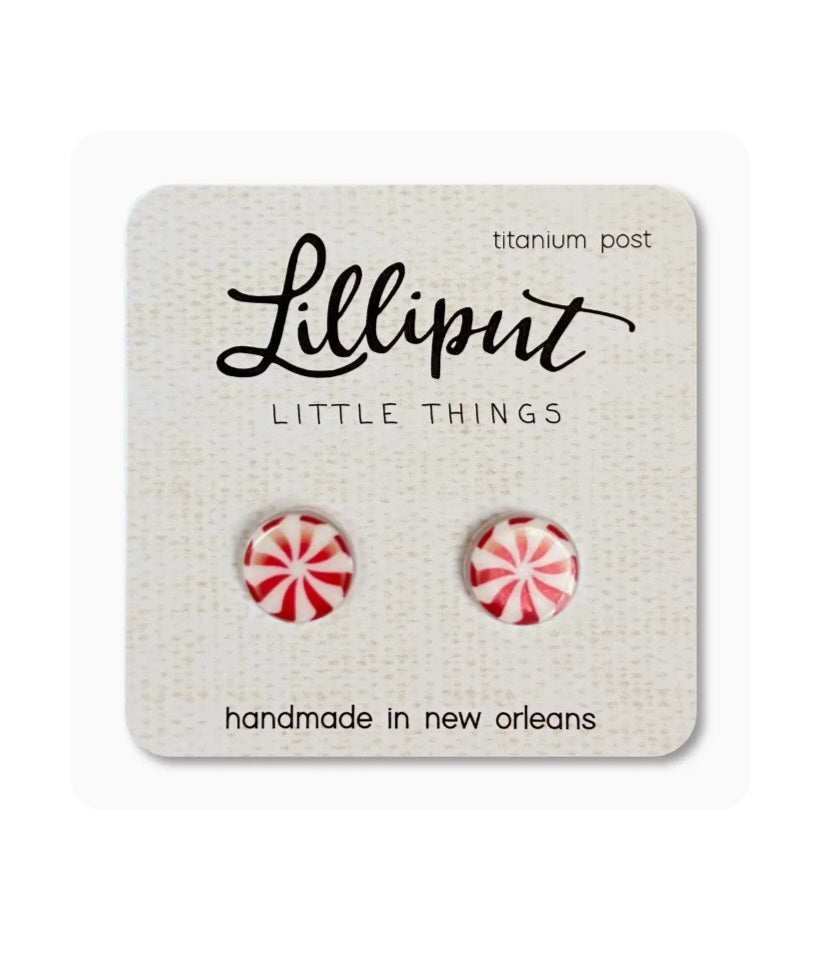Lilliput round stud earrings, red and white peppermint pattern, titanium posts