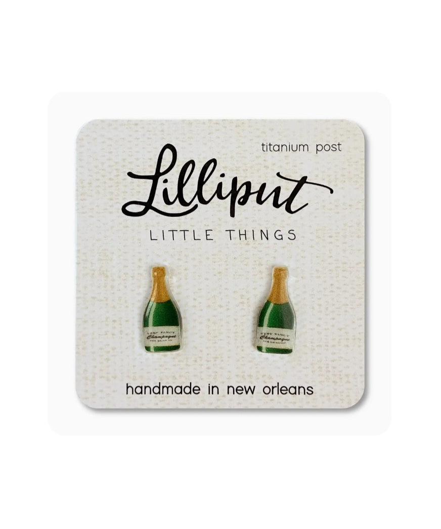 Champagne bottle stud earrings with green and gold details