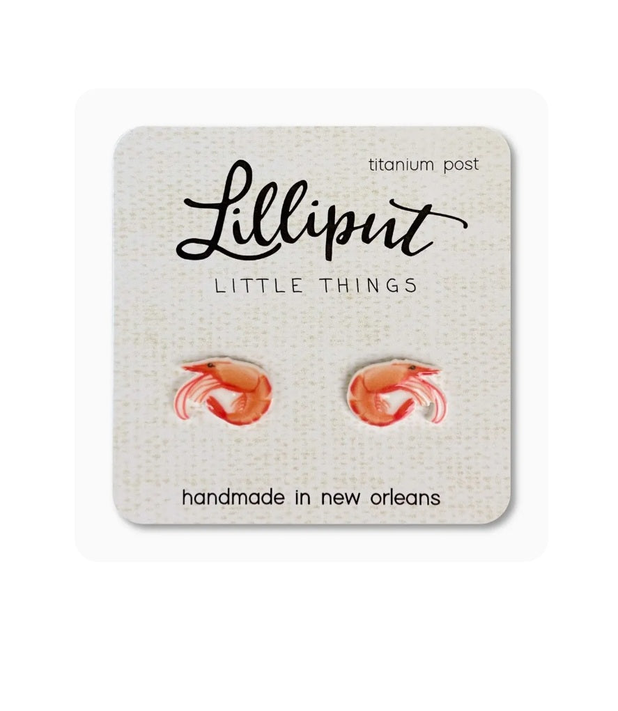 Lilliput shrimp earrings with orange enamel and titanium posts