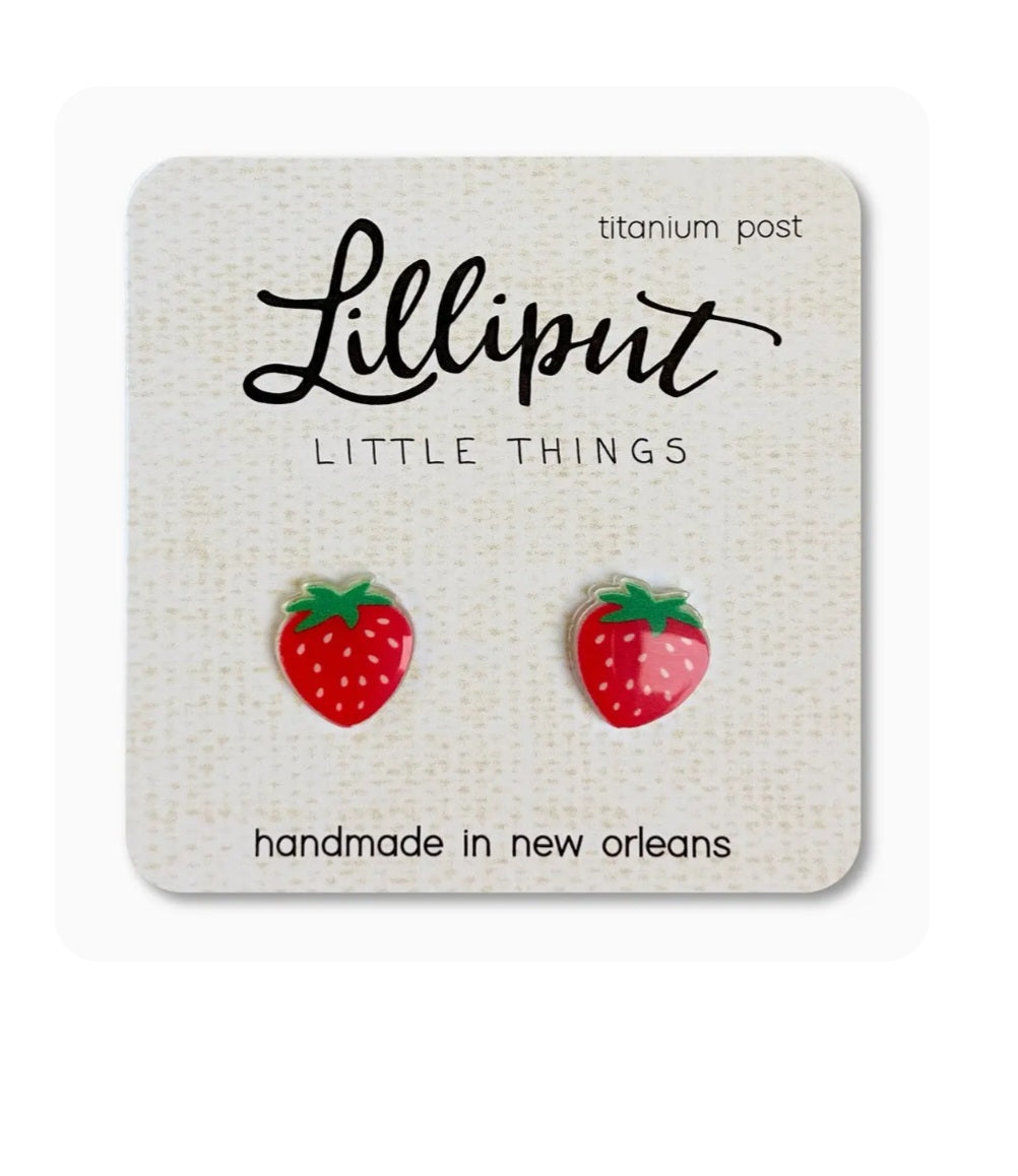 Strawberry stud earrings with red enamel berries and green leaves, titanium posts