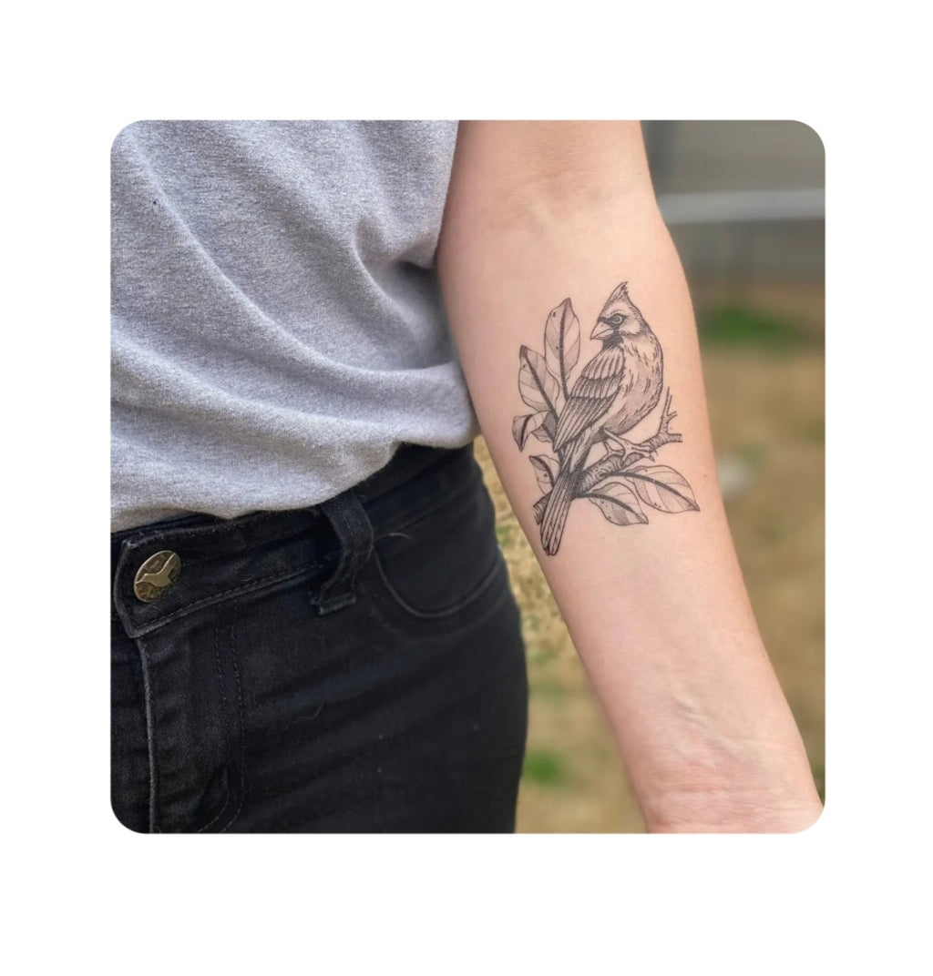 Cardinal bird temporary tattoo on forearm with floral leaves design