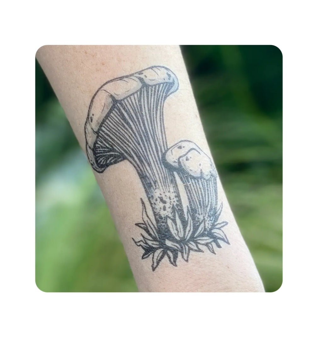Chanterelle mushroom temporary tattoo on forearm with botanical line art