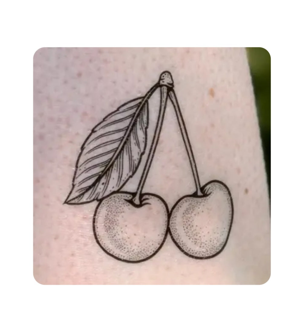 Cherries temporary tattoo with two outlined cherries and stem leaves