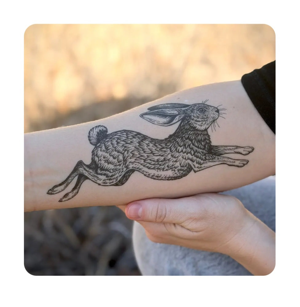 Temporary rabbit tattoo of a black-and-gray hare on forearm