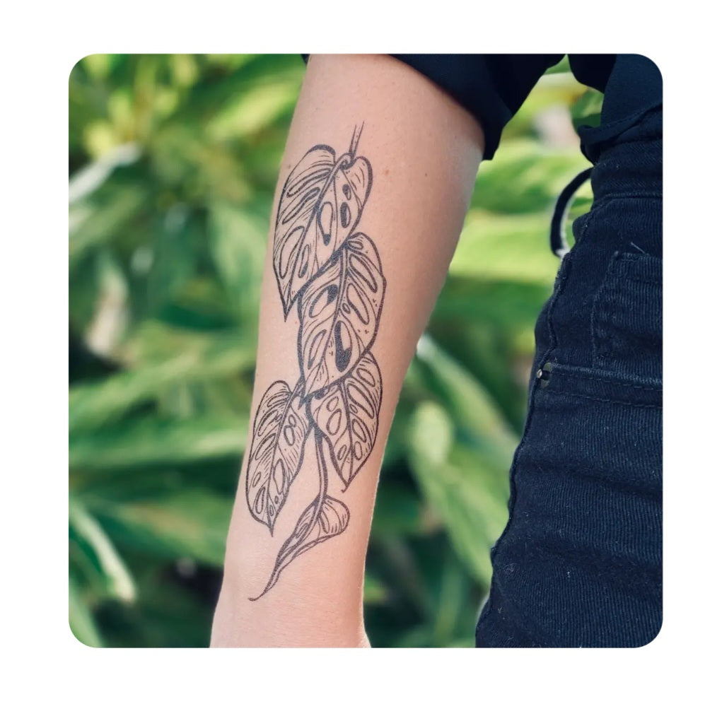 Monstera vine temporary tattoo in fine black line art on an arm