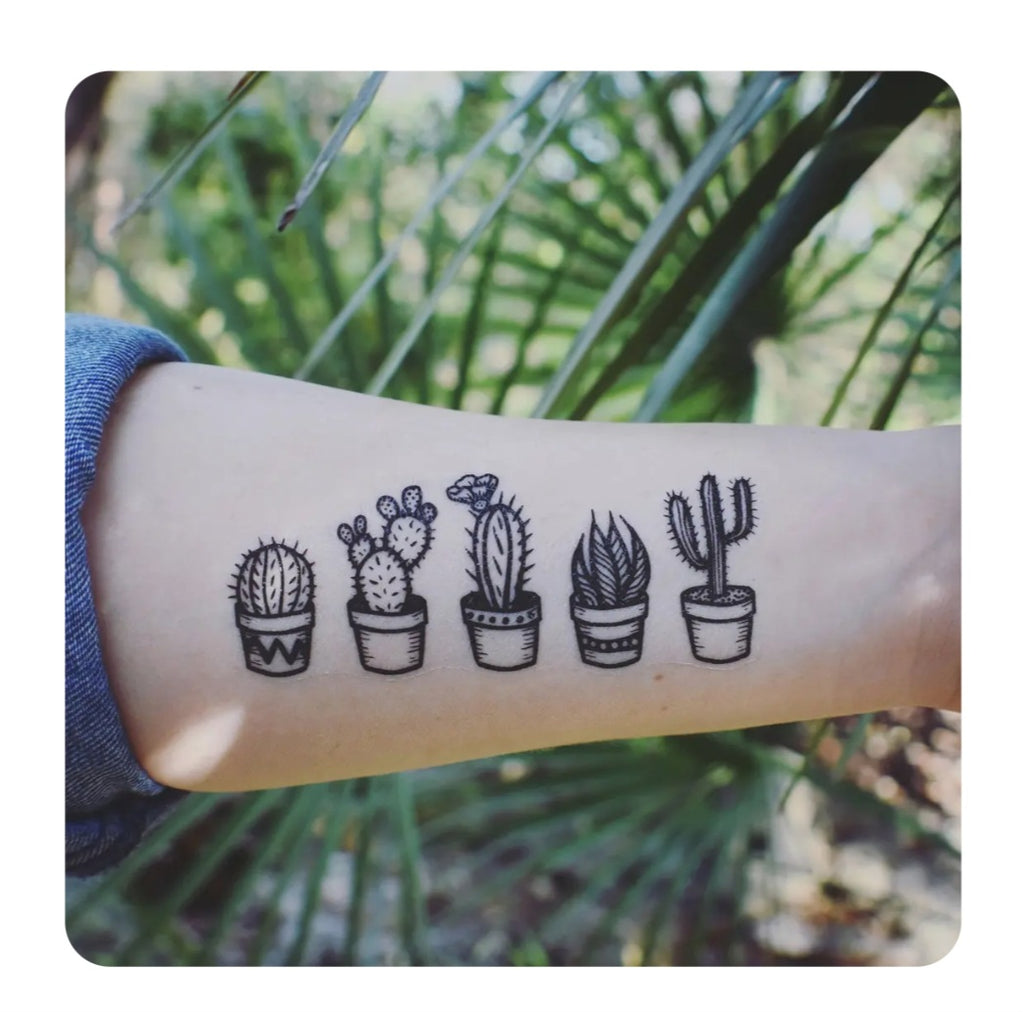 Cactus pot temporary tattoo showing five line-drawn designs on an arm