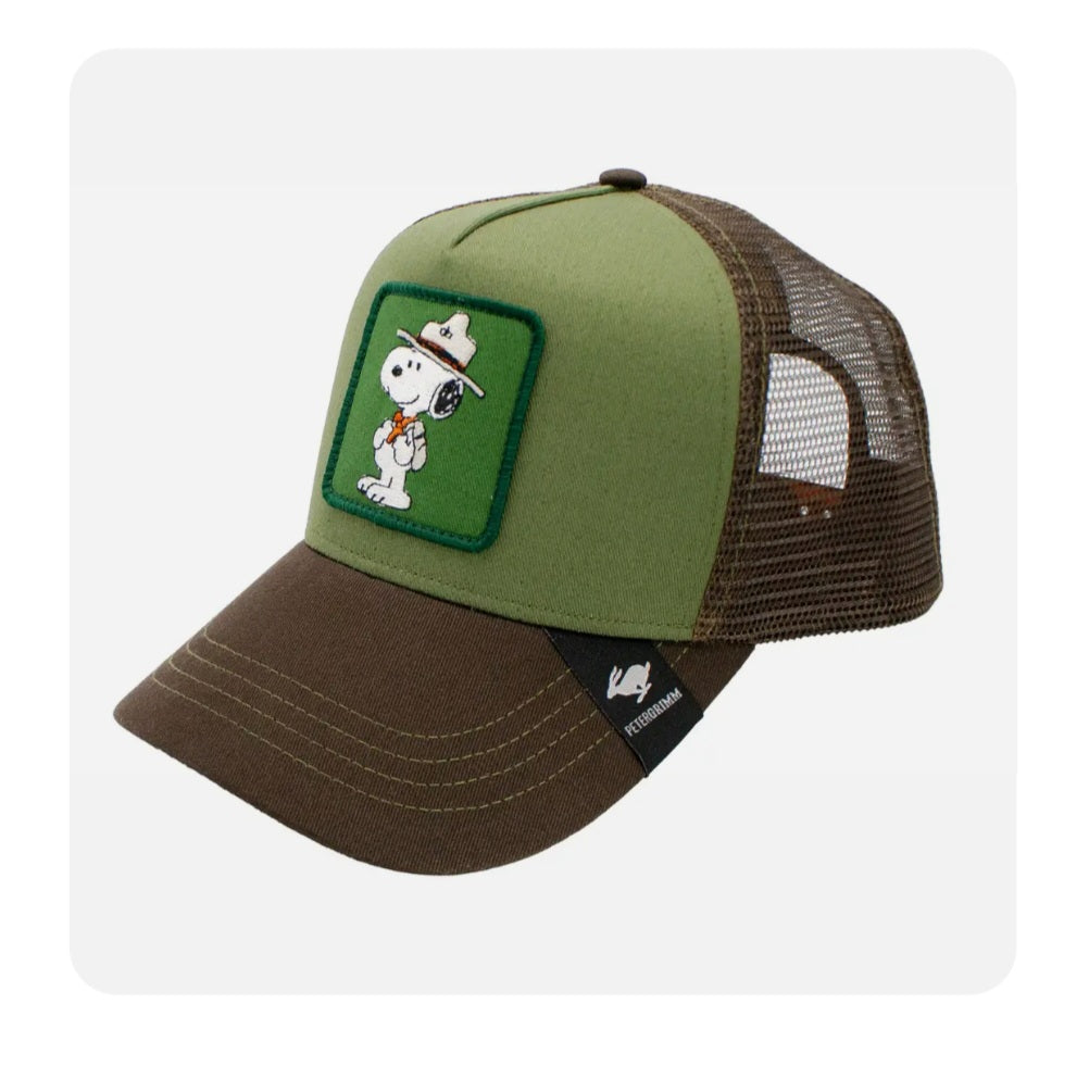 Green and brown trucker hat with mesh back and beagle character front patch