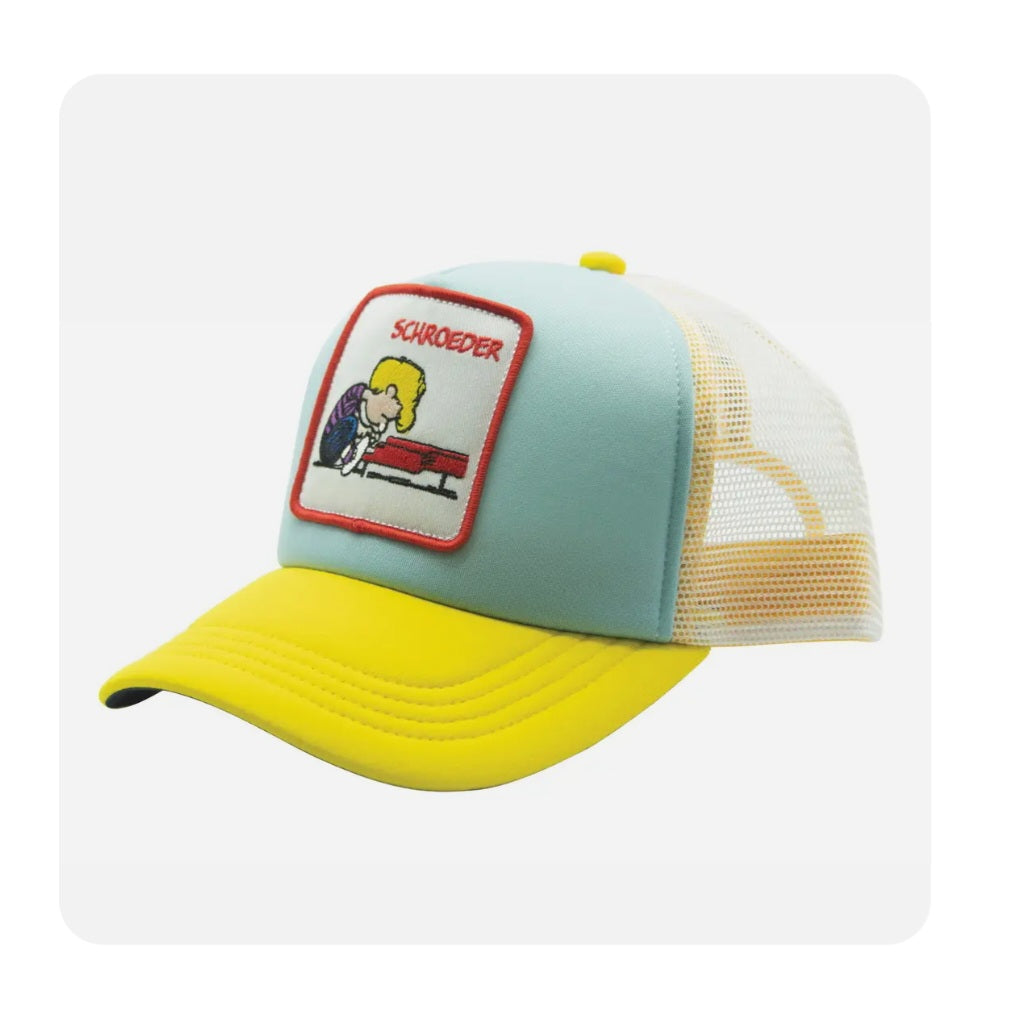 Light blue trucker hat with yellow brim and mesh back, Schroeder logo patch