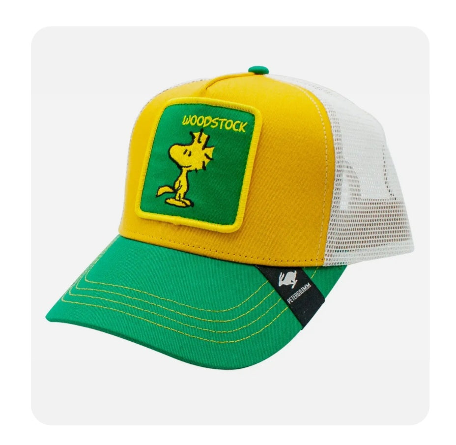 Trucker hat in yellow and green with Woodstock patch and mesh back
