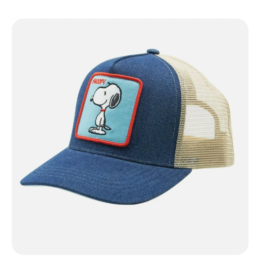 Denim blue trucker hat with Snoopy patch and beige mesh back