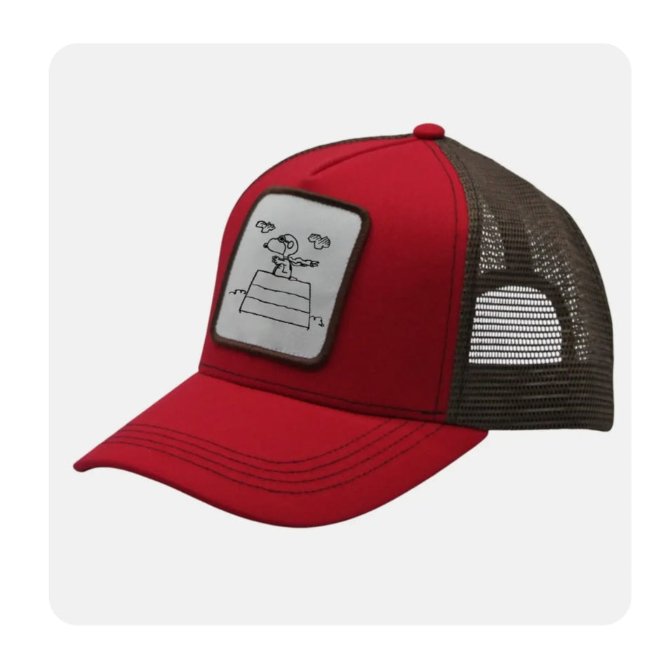 Red trucker hat with black mesh back and Snoopy graphic front patch