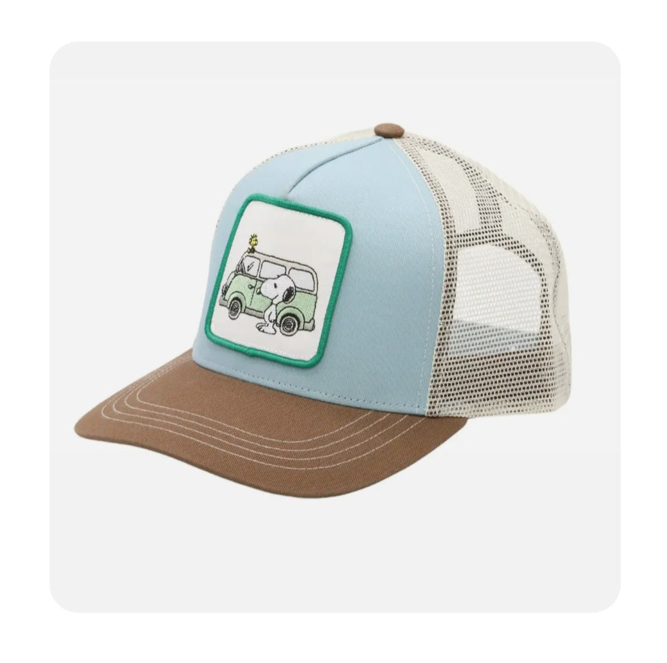Light blue and brown trucker hat with mesh back and bus logo patch