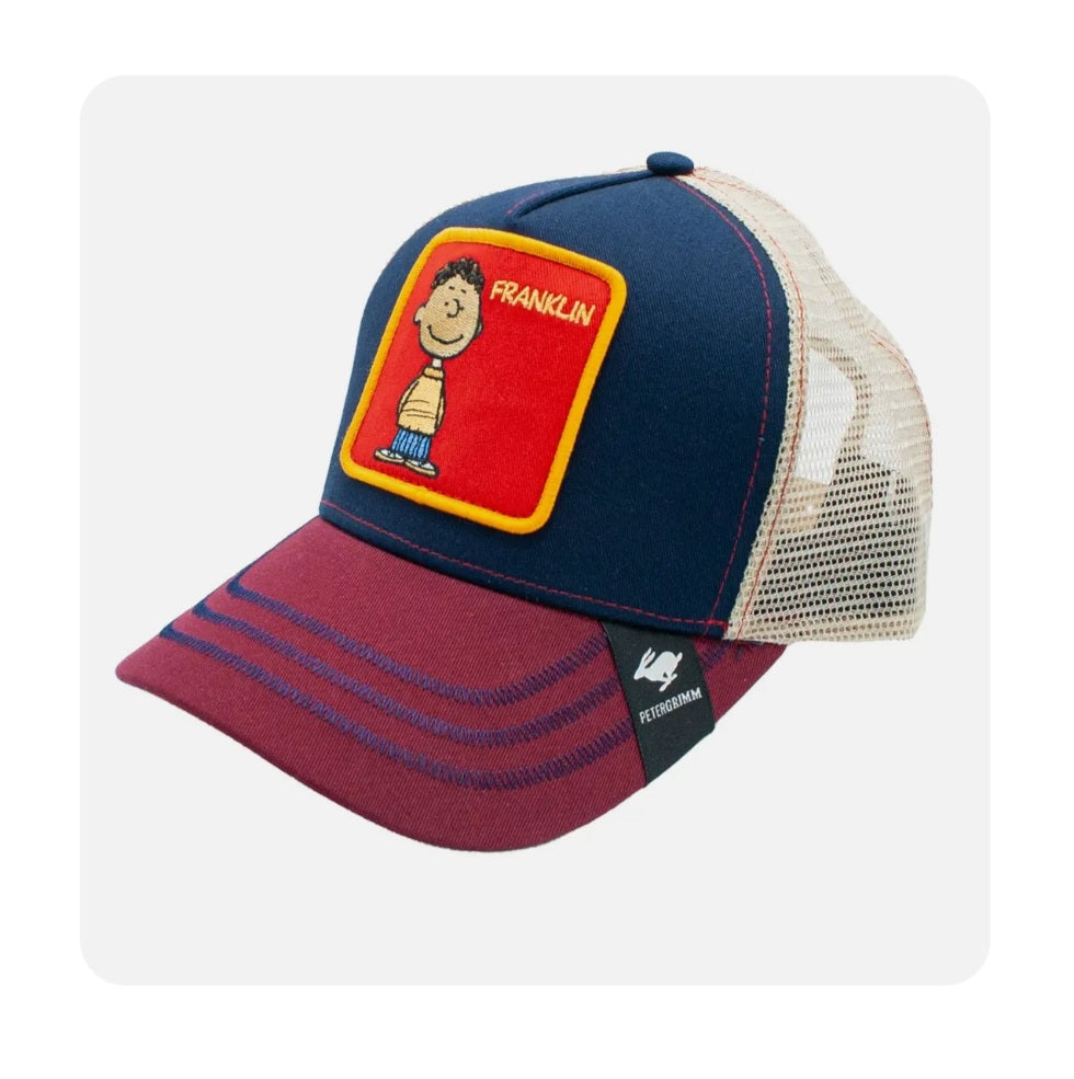 Navy maroon cotton mesh trucker hat with Franklin character front patch