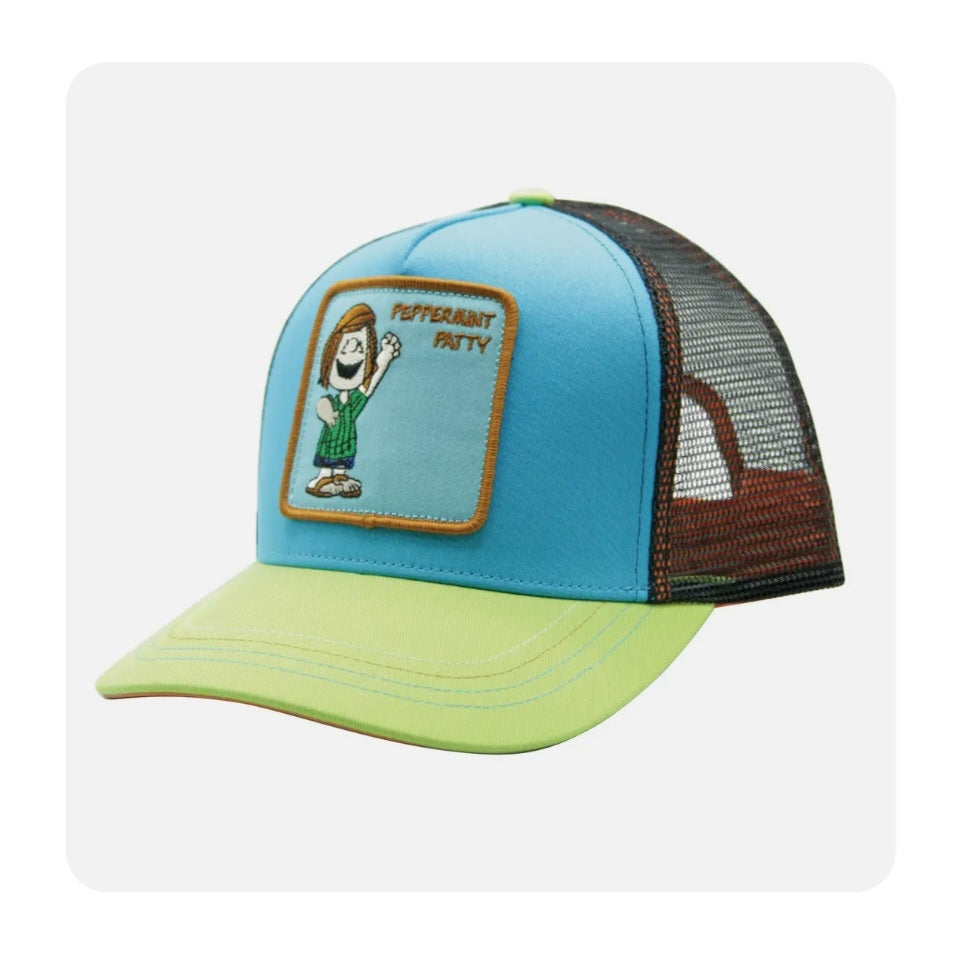 Light blue and green trucker hat with embroidered character patch and brown mesh back