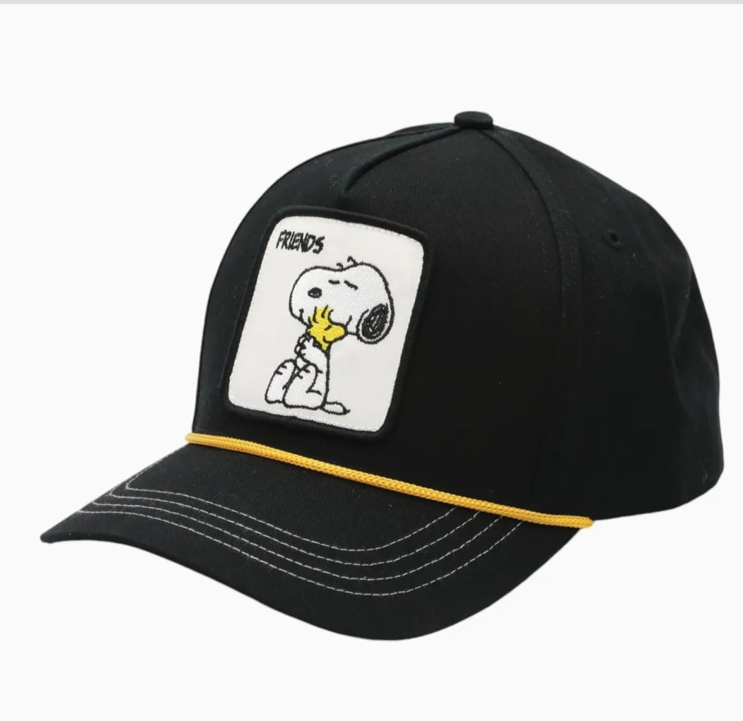 Black baseball cap with embroidered Snoopy friends patch and yellow trim