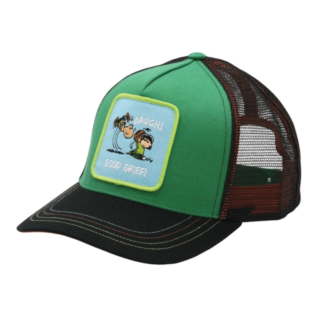 Green trucker hat with front patch reading "GOOD GRIEF" and black mesh back