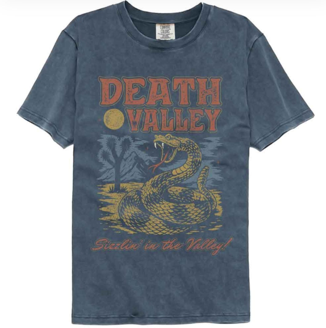 Navy blue crewneck T-shirt with front graphic text and yellow snake illustration