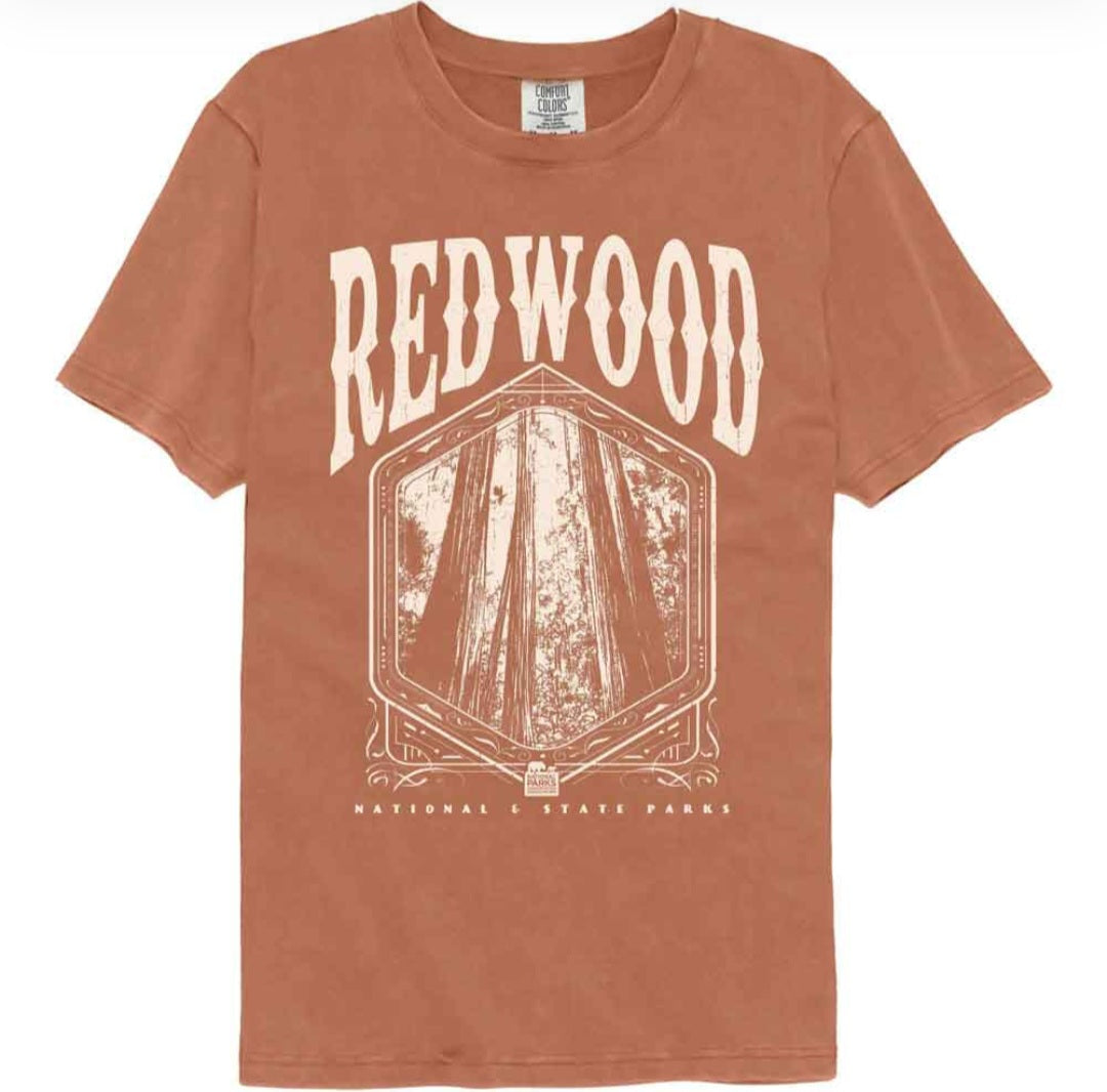 Rust-red T-shirt with Redwood graphic print on front