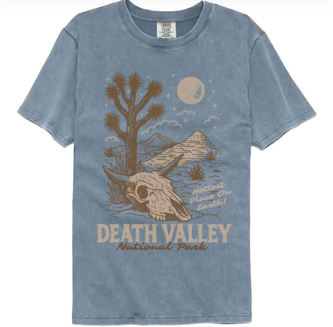 Blue crewneck T-shirt with desert animal skull and sun graphic, Death Valley text