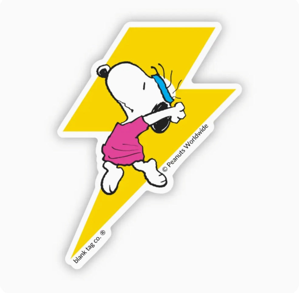 Waterproof Peanuts sticker of Snoopy dancing on a yellow lightning bolt