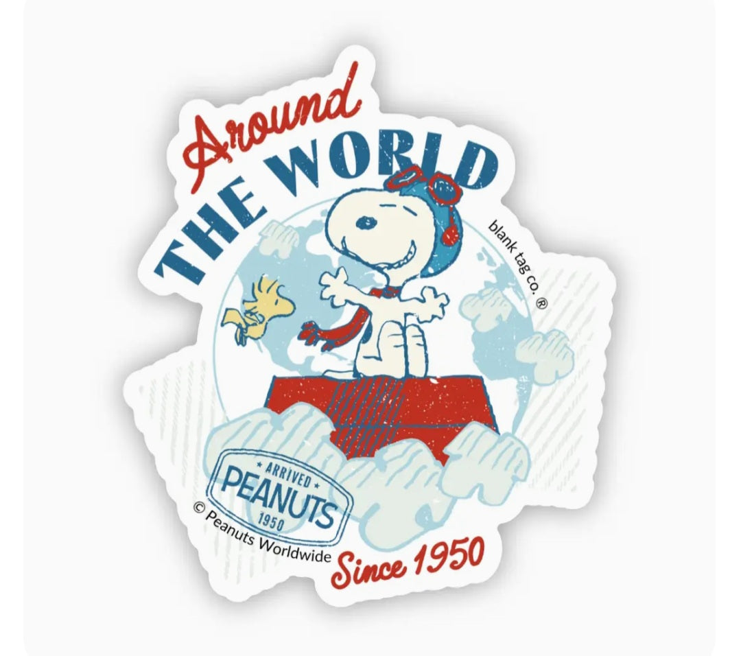 Waterproof Peanuts sticker with Snoopy and globe illustration, red banner, white outline