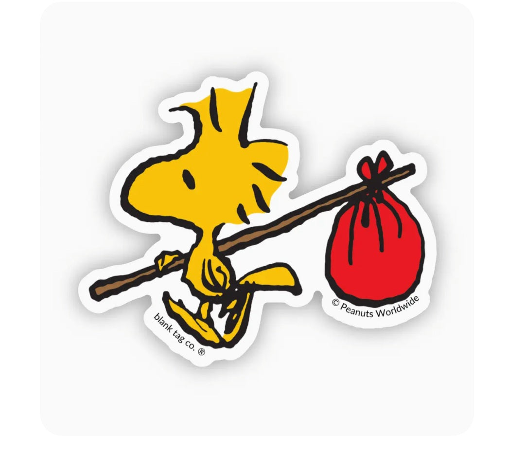 Woodstock Peanuts waterproof sticker: yellow bird flying with red sack, die-cut