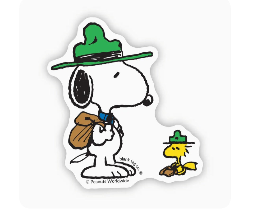 Peanuts Snoopy waterproof camping sticker, Snoopy with green hat and lantern