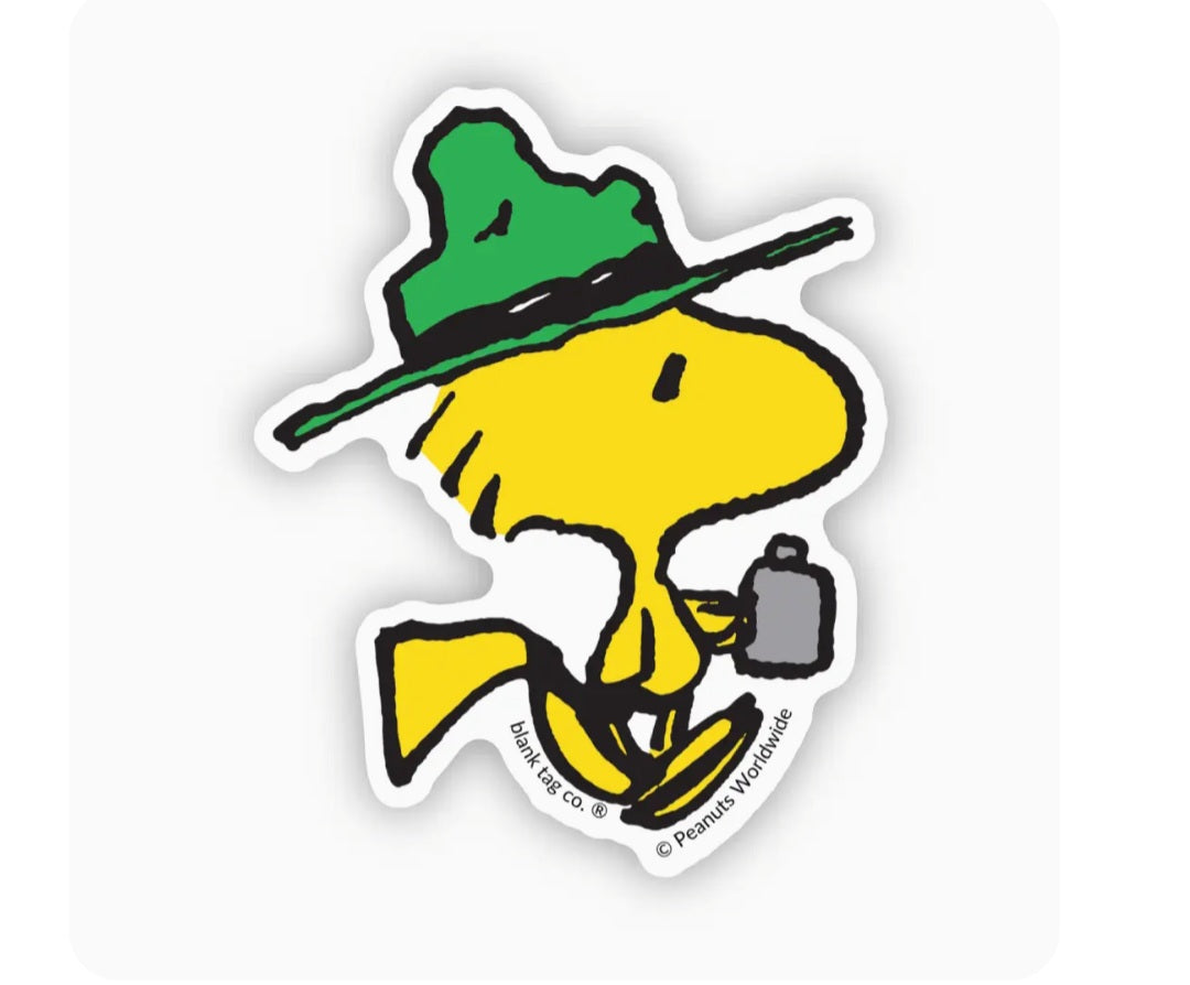 Die-cut waterproof sticker featuring Snoopy camping with backpack and lantern
