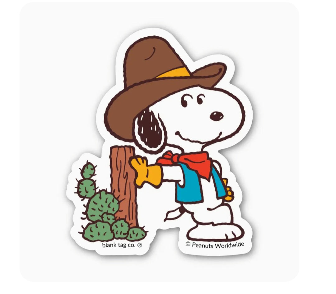Waterproof cowboy Snoopy and cactus cartoon sticker, die-cut white border.