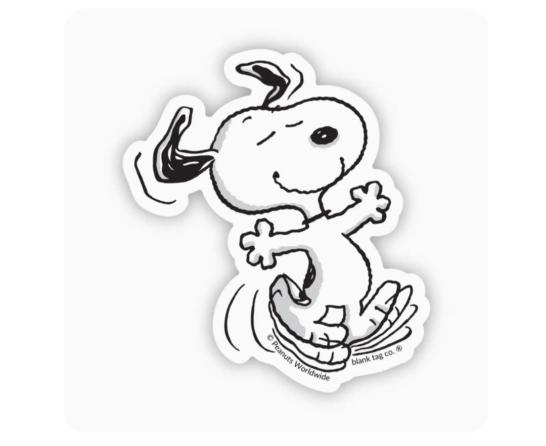 Waterproof Peanuts Snoopy dancing sticker with black line art and white fill