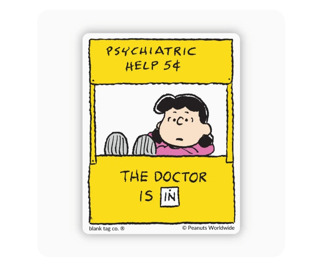 Waterproof Peanuts sticker with cartoon doctor and 'THE DOCTOR IS IN' text on yellow label.
