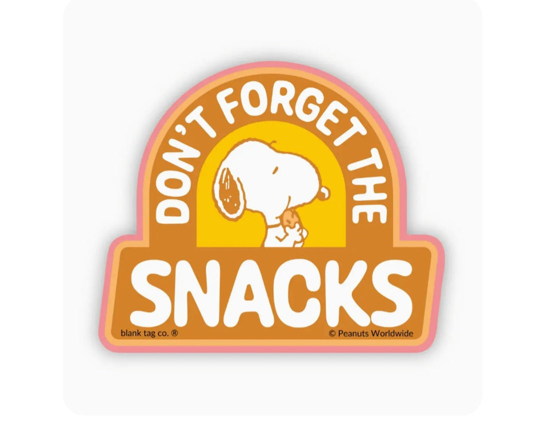 Peanuts waterproof sticker: arch text 'DON'T FORGET THE SNACKS' with dog illustration
