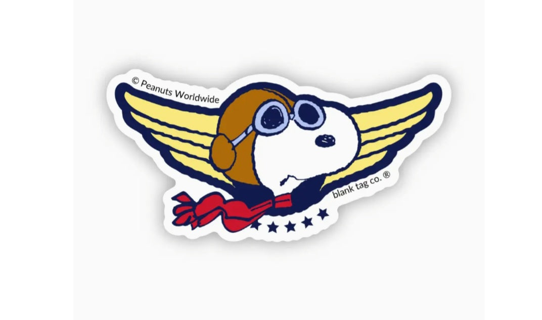 Waterproof sticker with cartoon flying ace dog badge, blue wings and goggles