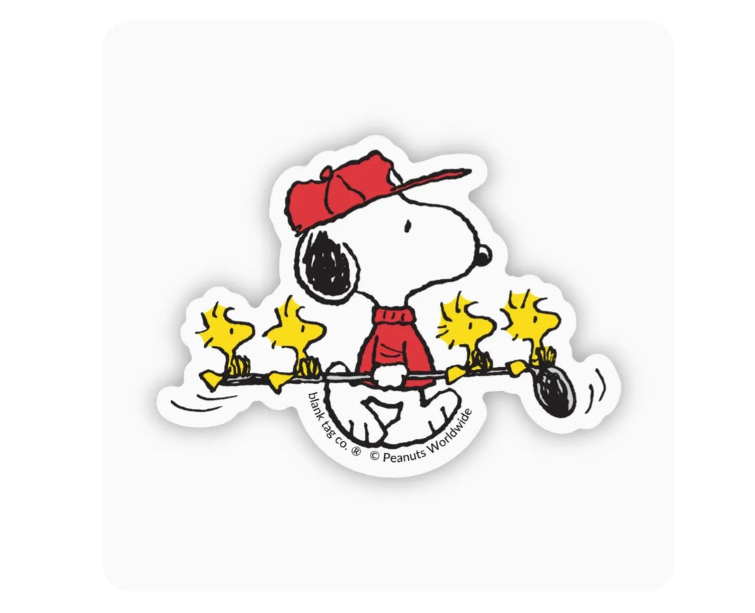 Golfing Snoopy waterproof sticker with red cap and yellow clubs, cartoon Peanuts character
