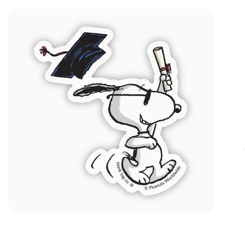 Waterproof Snoopy graduation sticker, cap and diploma in black-and-white