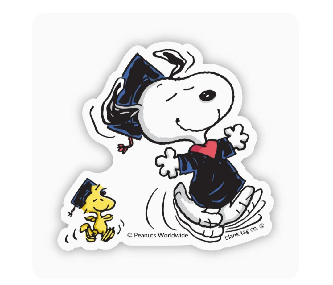 Peanuts waterproof sticker of Snoopy in graduation cap with Woodstock