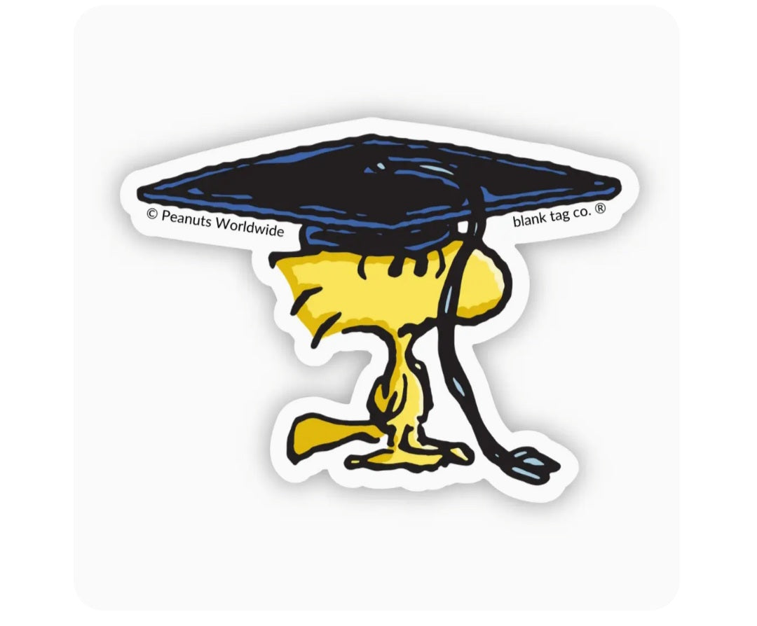 Peanuts waterproof sticker of yellow Woodstock bird with black outline and text strip
