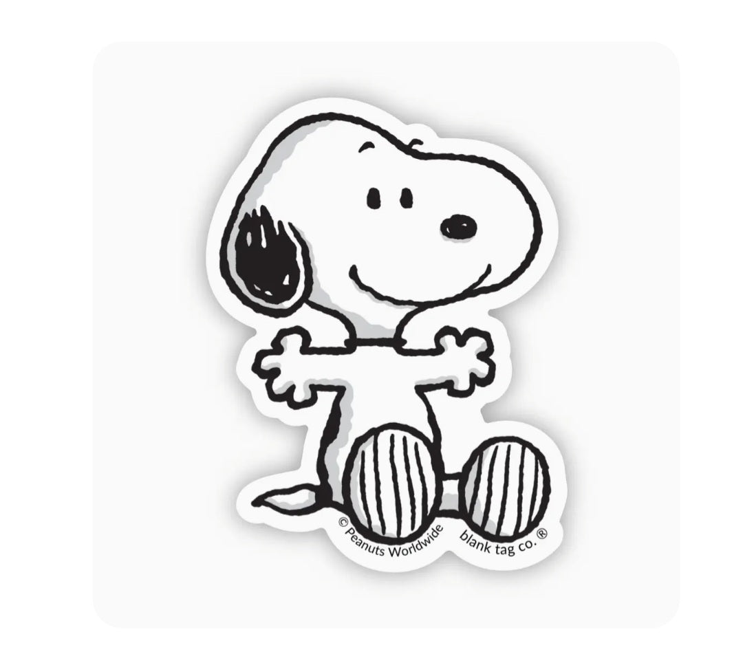 Snoopy waterproof sticker of white dog with black spots and standing paws