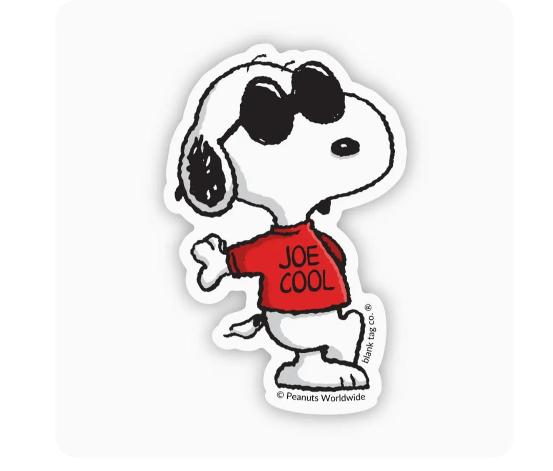 Waterproof Peanuts Joe Cool character sticker, red shirt with 'JOE COOL' text