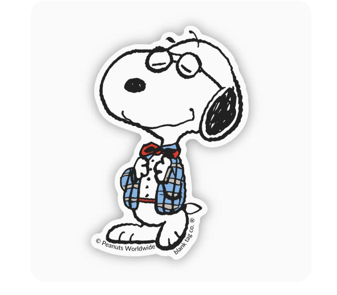 Peanuts waterproof sticker of a cartoon dog with red bow and backpack