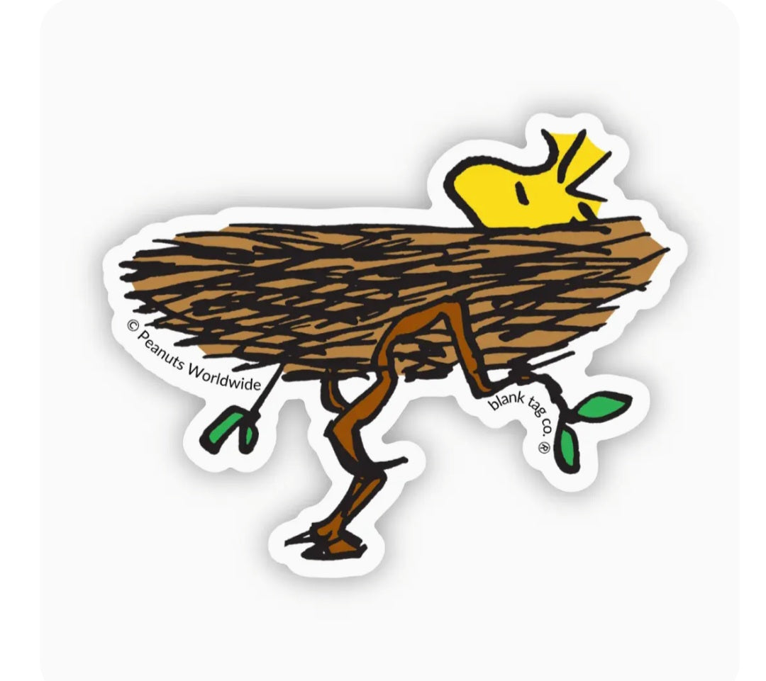 Peanuts Woodstock waterproof sticker, brown bird with yellow feet, die-cut outline