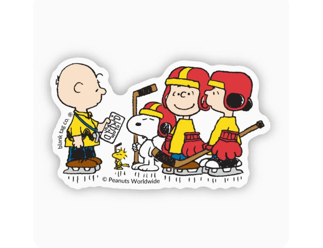 Peanuts waterproof hockey sticker with a cartoon gang playing on ice, red and yellow
