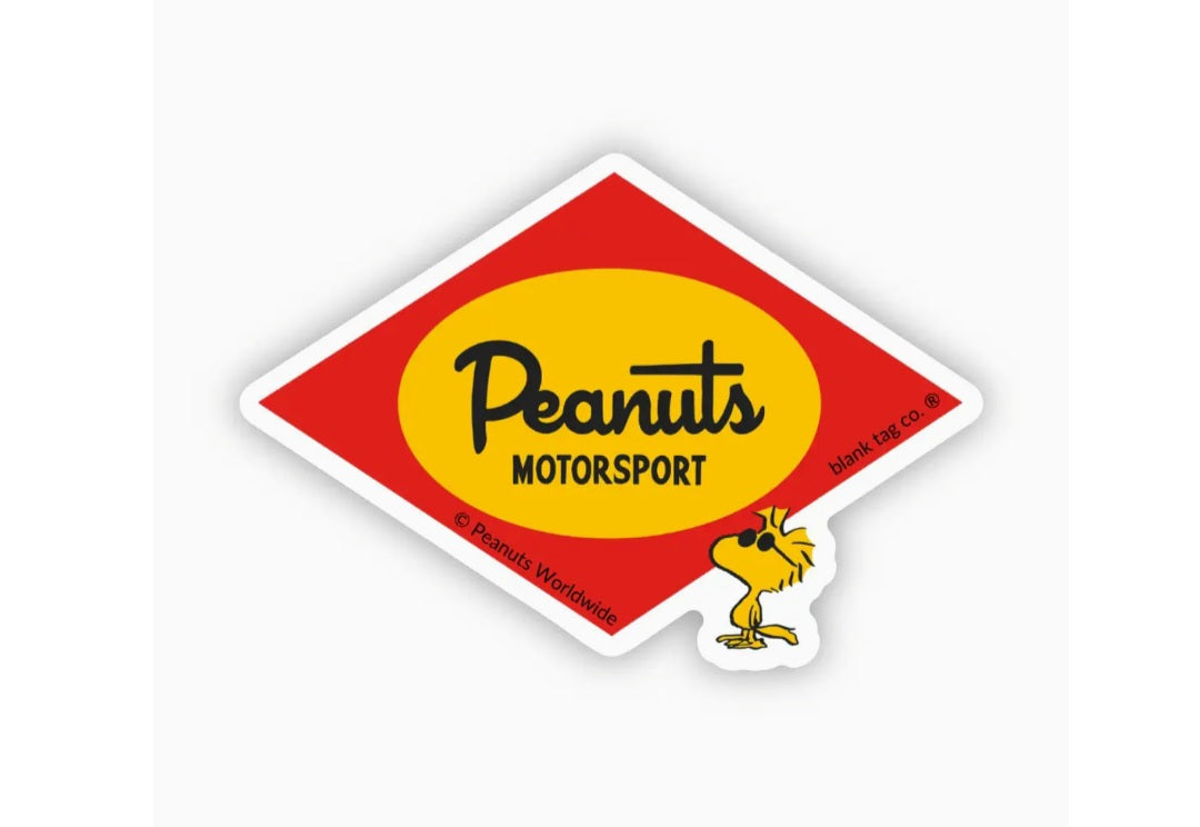 Waterproof motorsport sticker with red diamond Peanuts logo and Snoopy