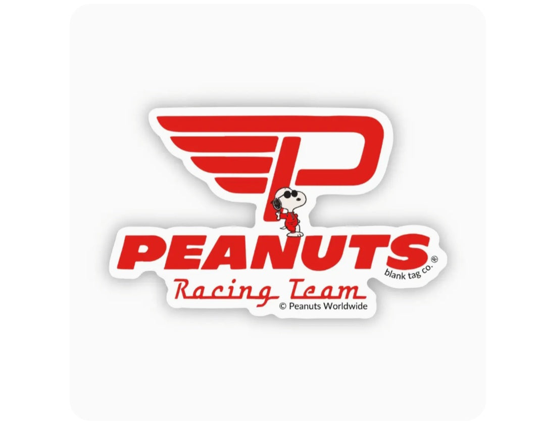 Peanuts Racing Team waterproof sticker with red and white logo and Snoopy