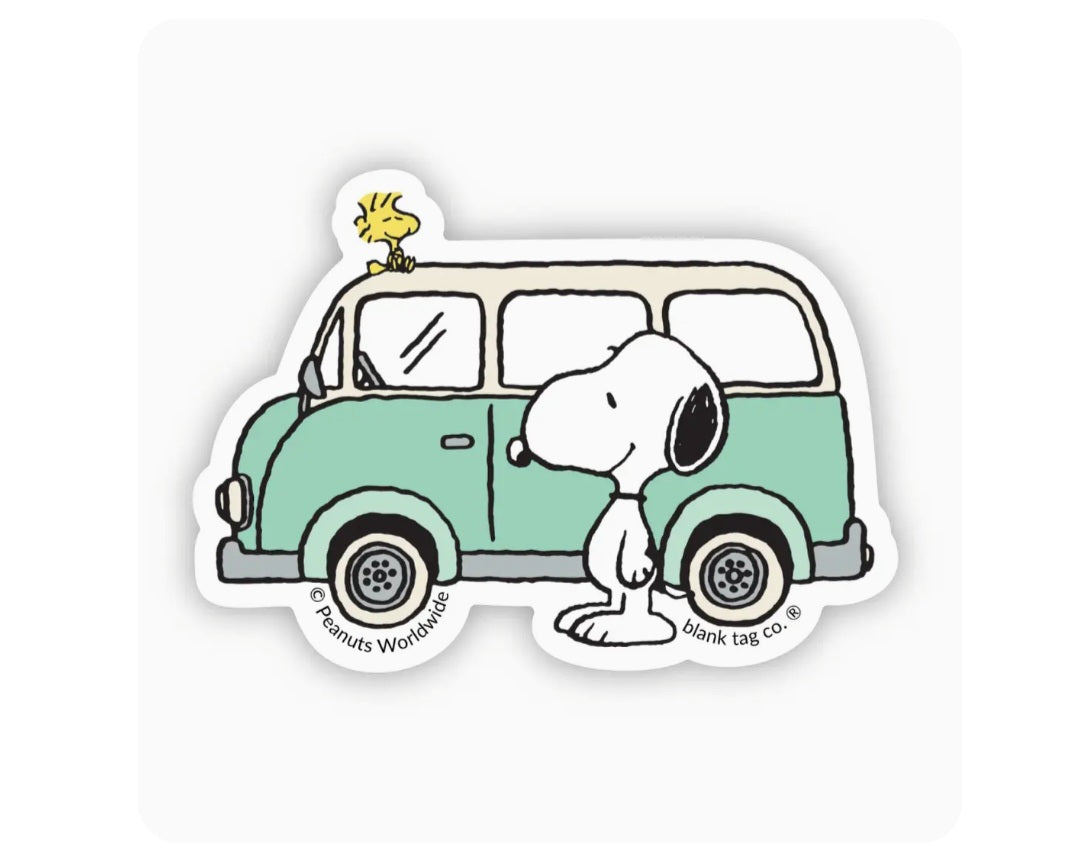 Waterproof Peanuts sticker: Snoopy at a teal van with yellow beagle head