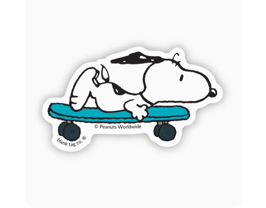 Waterproof Snoopy skateboarding sticker with blue deck and black wheels